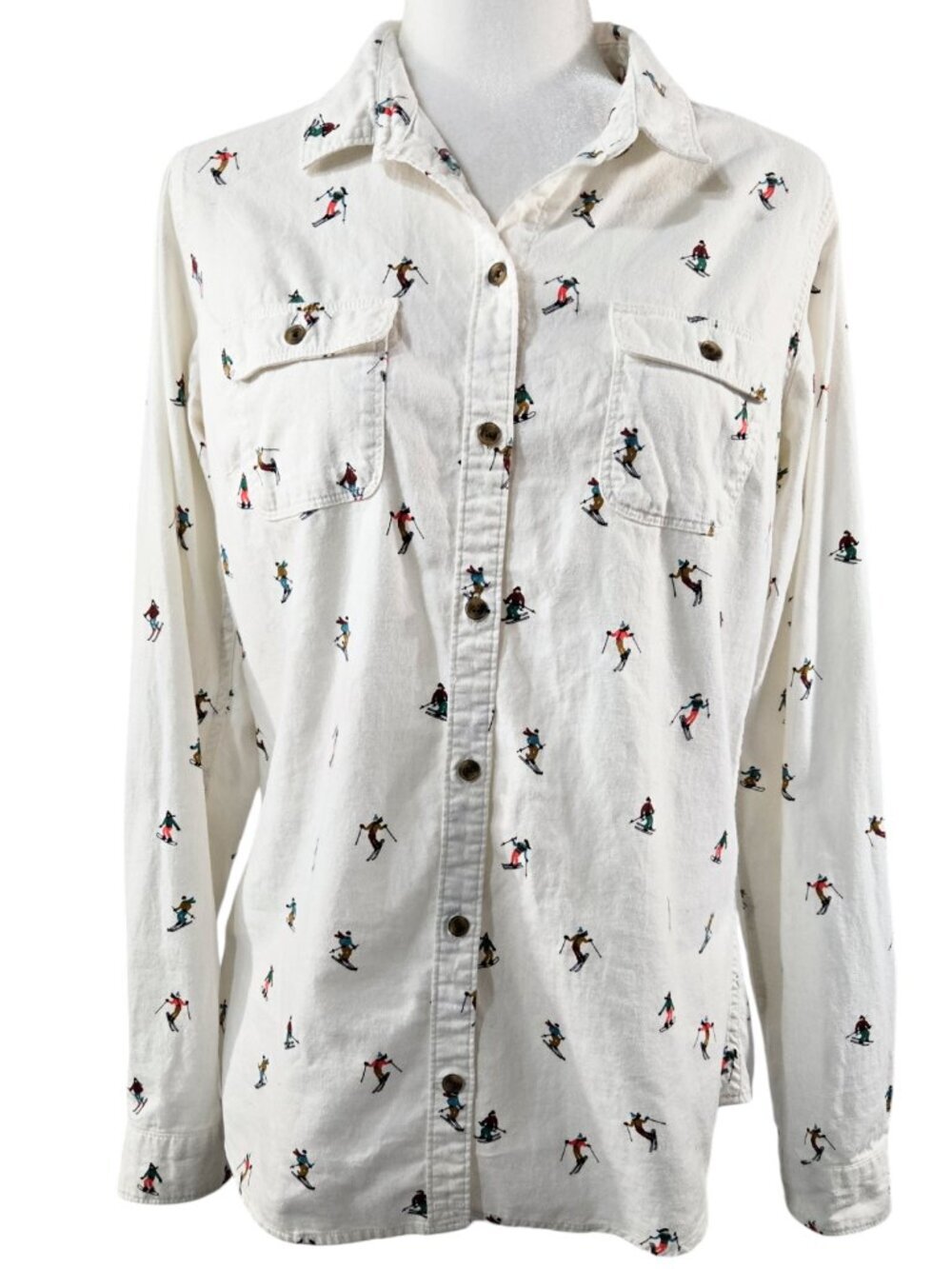Eddie Bauer 100% Cotton White Skiiers Novelty Print Button-Up Shirt Skiing TALL